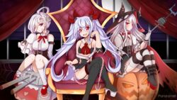  3girls ahoge azur_lane bare_shoulders belt bikini bikini_top_only black_bikini black_dress black_skirt bolt_(hardware) breasts chains collar commentary_request detached_collar dress erebus_(azur_lane) fang_out frills front-tie_bikini_top front-tie_top garter_straps gloves grey_hair hair_between_eyes hair_over_one_eye hair_ribbon halloween hat large_breasts long_hair long_sleeves multiple_girls oerba_yun_fang pur_orange red_eyes red_ribbon ribbon shirt short_hair skirt sleeves_past_wrists small_breasts stitches swimsuit terror_(azur_lane) thighhighs vampire_(azur_lane) white_belt white_collar white_gloves white_hair white_shirt 