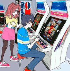  1boy arcade arcade_cabinet blue_eyes darius darius_gaiden dodonpachi_daioujou female great_mahou_daisakusen pantyhose pepsi polylina_(artist) raizing sega sega_blast_city skirt taito vending_machine videogames 