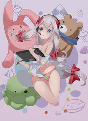  animal_print artist_name ass_visible_through_thighs bare_shoulders blue_eyes blue_scarf blush bow breasts cleavage collarbone commentary_request dated drawing_tablet eromanga_sensei female front-print_panties full_body grey_hair hairbow hands_up headset highres holding holding_stylus izumi_sagiri legs_together legs_up long_hair looking_at_viewer low-tied_long_hair navel off-shoulder_shirt off_shoulder open_mouth panties photoshop_(medium) pink_bow pink_panties print_panties scarf shirt sidelocks small_breasts solo stuffed_animal stuffed_octopus stuffed_rabbit stuffed_toy stylus teddy_bear thigh_gap underwear underwear_only very_long_hair yun_lin 