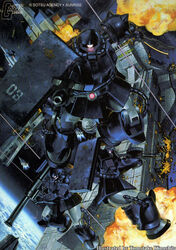  aiming aiming_at_viewer artist_name axe black_tri-stars dual_wielding explosion gun gundam gundam_msv kinoshita_tomotake mecha mobile_suit_gundam official_art rocket_launcher saberfish_(gundam) space space_craft starfighter weapon zaku zaku_ii zaku_ii_black_tri-stars_custom 