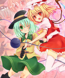  2girls blonde_hair commentary_request flandre_scarlet frills green_eyes hat hat_ribbon komeiji_koishi lowres multiple_girls one_eye_closed rai_(rai-s) red_eyes ribbon third_eye touhou wide_sleeves wings 