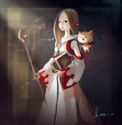  absurdres bare_shoulders book brown_hair chinese_commentary commentary cowboy_shot dated detached_sleeves english_commentary female final_fantasy final_fantasy_tactics highres holding holding_book hood hood_down jewelry long_hair mixed-language_commentary moogle pale_skin pendant photoshop_(medium) robe staff vafar7 white_mage_(fft) white_mage_(final_fantasy) 