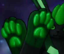  4_toes :3 alternate_color ambiguous_gender bioluminescence black_body black_fur digital_media_(artwork) digitigrade eeveelution fan_character feet feral foot_focus foot_shot fur generation_4_pokemon glaceon glowing green_body green_eyes green_fur looking_at_viewer mammal minty_(blizzyglaceon93) nintendo pawpads paws pokemon pokemon_(species) shaded solo space toes trigaroo 