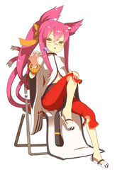  belt blazblue bracelet candy capri_pants commentary_request female food glasses jewelry kokonoe_(blazblue) lollipop long_hair ooide_chousuke pants photoshop_(medium) pince-nez pink_hair ponytail red_pants sandals slippers tail yellow_eyes 