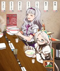  2girls belt blunt_bangs blush chair chopsticks closed_eyes crossover eyebrows food glasses granblue_fantasy grey_hair hairband hara_yumi harvin holding idolmaster idolmaster_(classic) kidachi long_hair long_sleeves multiple_girls noodles open_mouth pointy_ears ramen semi-rimless_eyewear shijou_takane short_sleeves sidelocks sitting translation_request very_long_hair voice_actor_connection white_hair wide_sleeves zahlhamelina 