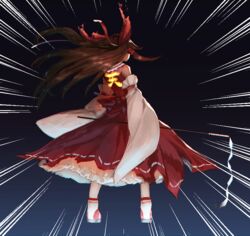  back bare_shoulders bow brown_hair commentary_request detached_sleeves dress female glowing gohei hair_tubes hairbow hakurei_reimu kinketsu long_hair long_sleeves red_bow red_dress solo touhou very_long_hair wide_sleeves wind 