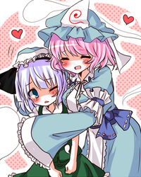  2girls blue_eyes blush closed_eyes commentary_request embarrassed frills headpat heart japanese_clothes kimono konpaku_youmu konpaku_youmu_(ghost) multiple_girls pink_hair rai_(rai-s) saigyouji_yuyuko short_hair touhou triangular_headpiece white_hair wide_sleeves yuri 