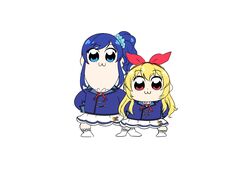  2girls :3 aikatsu! aikatsu!_(series) bkub_(style) blonde_hair blue_eyes blue_hair blue_jacket bow commentary_request hairband hairbow highres hoshimiya_ichigo jacket kiriya_aoi legs_apart long_hair looking_at_viewer morohoshi_sumire multiple_girls parody pipimi poptepipic poptepipic_pose popuko red_bow red_eyes school_uniform shoes side_ponytail simple_background skirt starlight_academy_school_uniform tadokoro_azusa ulrich_(tagaragakuin) voice_actor_connection white_background white_footwear white_skirt 