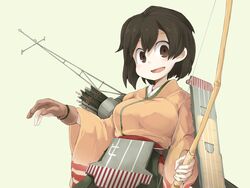  black_hair bow_(weapon) female female hiryuu_(kantai_collection) japanese_clothes kantai_collection kimono ls-lrtha open_mouth quiver short_hair solo weapon 