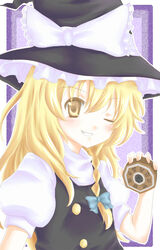  blonde_hair braid commentary_request female hat hat_ribbon kirisame_marisa one_eye_closed rai_(rai-s) ribbon side_braid solo touhou witch_hat yellow_eyes 