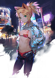  animal_ears baggy_clothes belt blonde_hair blush bra breasts city city_lights coat commentary fate/grand_order fate_(series) female green_eyes groin hair_tie hands_in_pockets highres intersection lamppost long_hair looking_at_viewer mordred_(fate) mordred_(fate/apocrypha) navel night open_clothes open_coat open_fly outdoors panties pants parted_bangs pink_hair ponytail red_bra red_panties salmon88 screen sidelocks sky small_breasts smile solo standing star_(sky) starry_sky stomach traffic_light underwear 