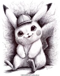  absurdres clothed_pokemon commentary dated detective_pikachu detective_pikachu_(character) detective_pikachu_(movie) english_commentary full_body greyscale happy hat highres monochrome no_humans pikachu pokemon pokemon_(creature) ravenevert signature sitting smile solo traditional_media watermark web_address 