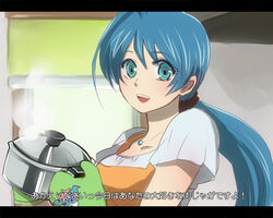  :d ahoge apron aqua_eyes blue_hair cardfight!!_vanguard check_translation commentary_request cooking female from_side happy holding indoors jewelry kano_ko letterboxed long_hair looking_at_viewer low_ponytail mature_female necklace open_mouth oven_mitts pendant ponytail pot scrunchie sendou_shizuka short_sleeves smile solo steam translated translation_request upper_body wingal 