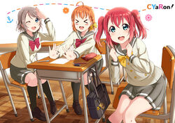  &gt;_&lt; 3girls :d absurdres ahoge bad_id bad_pixiv_id bag between_legs black_legwear blue_eyes bow bowtie brown_skirt chair closed_eyes cyaron!_(love_live!) desk grey_hair grey_sweater group_name hair_between_eyes hairbow hand_between_legs highres indoors kneehighs kurosawa_ruby long_hair looking_at_viewer love_live! love_live!_sunshine!! miniskirt multiple_girls open_mouth orange_hair photoshop_(medium) pleated_skirt red_bow red_bowtie red_hair school_bag school_chair school_desk short_hair siokazunoko sitting skirt smile socks sweater takami_chika twintails watanabe_you white_background yellow_bow yellow_bowtie 