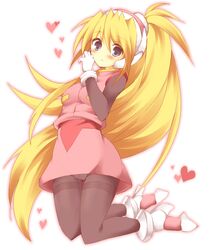  akafuku_pukoemon bad_id bad_pixiv_id blonde_hair blue_eyes blush bodystocking breasts ciel_(mega_man) female full_body gloves hair_between_eyes headgear heart kneeling long_hair looking_to_the_side mega_man_(series) mega_man_zero_(series) pantyhose skirt solo spandex very_long_hair white_gloves 