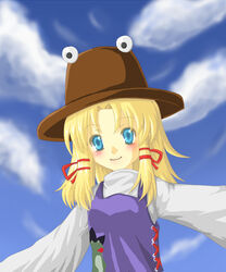  blonde_hair blue_eyes commentary_request day female hair_ornament hat moriya_suwako rai_(rai-s) sky solo touhou 