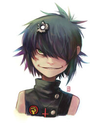  a-ka android bad_id bad_pixiv_id badge blood bullet_hole buttons cross cross_necklace cuts cyborg cyborg_noodle_(gorillaz) female gorillaz green_eyes grin hair_over_one_eye injury jewelry necklace shirt short_hair sleeveless sleeveless_shirt smile solo teeth 