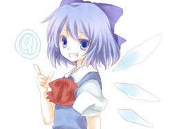  blue_eyes blue_hair cirno commentary_request female grin hair_ribbon ice ice_wings lowres pointing rai_(rai-s) ribbon short_hair smile solo touhou wings 