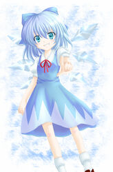  blue_bow blue_dress blue_eyes blue_hair bow breasts cirno collared_shirt commentary_request detached_wings dress feet_out_of_frame female hair_between_eyes hair_ribbon hairbow ice ice_wings neck_ribbon pinafore_dress pointing pointing_at_viewer puffy_short_sleeves puffy_sleeves rai_(rai-s) red_ribbon ribbon shirt short_sleeves sleeveless sleeveless_dress small_breasts socks solo touhou v-shaped_eyebrows white_shirt white_socks wings 