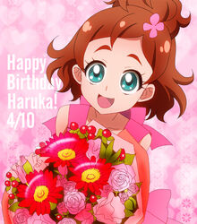  aqua_eyes bouquet brown_hair character_name commentary_request dated female flower go!_princess_precure half_updo happy_birthday haruno_haruka masako_(sabotage-mode) photoshop_(medium) pink_background pink_flower pink_rose precure rose short_hair smile solo thick_eyebrows 