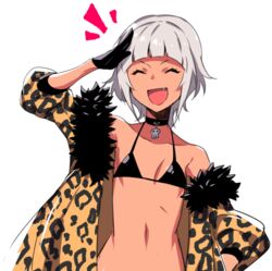  animal_print bell bikini black_gloves blunt_bangs choker closed_eyes commentary_request dark-skinned_female dark_skin female flat_chest gloves grey_hair leopard_print navel nora_(supernew) oerba_yun_fang open_mouth original salute solo supernew swimsuit tan 