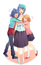  1boy 2girls ^^^ affectionate ahoge apron blush cardfight!!_vanguard closed_eyes commentary_request family full_body group_hug hug jewelry long_hair mature_female mother_and_daughter mother_and_son motherly multiple_girls nauchi necklace orange_hair ponytail sendou_aichi sendou_emi sendou_shizuka short_hair simple_background skirt white_background 