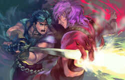  2boys blue_hair claws commentary_request dio_brando jojo_no_kimyou_na_bouken jonathan_joestar luck_and_pluck male_focus multiple_boys oburaato phantom_blood photoshop_(medium) purple_hair red_eyes sword vampire weapon 