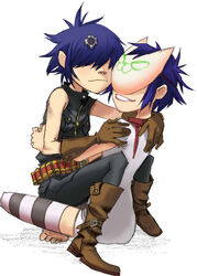  2girls a-ka belt black_pants black_shirt blue_hair boots bullet_hole commentary_request cyborg_noodle_(gorillaz) dress gloves gorillaz grin hair_over_eyes hug lipstick makeup mask multiple_girls noodle_(gorillaz) pants shirt short_hair shotgun_shell sitting sitting_on_lap sitting_on_person sleeveless sleeveless_shirt smile teeth thighhighs white_dress 