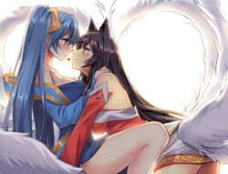  2girls ahri_(league_of_legends) animal_ears bad_source black_hair blue_hair blush breasts eye_contact facial_mark fox_ears heart heart_tail korean_clothes large_breasts league_of_legends long_hair looking_at_another multiple_girls multiple_tails mylovelydevil sarashi sona_(league_of_legends) tail twintails whisker_markings yuri 