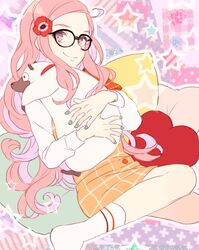  anemone_(eureka_seven) anemone_(flower) bespectacled commentary_request eureka_seven eureka_seven_(series) female flower glasses gulliver_(eureka_seven) hair_flower hair_ornament heart heart-shaped_pillow hug linaria_(ookinahitomi) long_hair name_connection object_namesake pillow pink_eyes pink_hair red_flower sitting smile socks solo star_(symbol) 