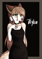  2014 accessory anthro biped breasts brown_hair canid canine canis clothed clothing collar coyote dress english_text female green_eyes hair hair_accessory hairband long_hair mammal simple_background solo standing taykoe taykoe_(character) text 