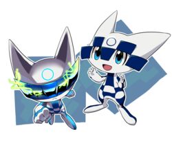  1boy 2020_summer_olympics blue_eyes circle clenched_hand commentary_request electricity head-mounted_display male_focus mascot miraitowa olympics seiryu_keita smile 