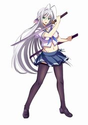  antenna_hair black_thighhighs blue_eyes breasts cosplay female grey_hair hair_ribbon high_school_dxd highres katana large_breasts long_hair midriff navel official_art open_mouth panties ribbon rossweisse sailor_collar shoes skirt solo sword thighhighs underwear valkyrie_drive valkyrie_drive_-bhikkhuni- very_long_hair weapon white_sailor_collar 