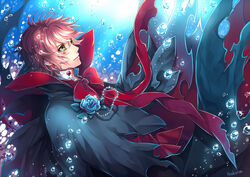  1boy arakunae bad_id bad_pixiv_id cape diabolik_lovers earrings flower green_eyes jewelry male_focus orange_hair rose sakamaki_ayato solo underwater 