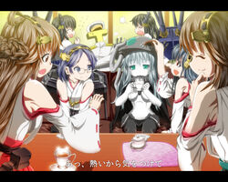  &gt;_&lt; 1boy 6+girls :d ^_^ abyssal_ship admiral_(kancolle) bare_shoulders black_hair bodysuit brown_eyes brown_hair closed_eyes commentary_request cookie cup detached_sleeves feeding flying_sweatdrops food fusou_(kancolle) glasses green_eyes grey_hair hair_ornament hairband haruna_(kancolle) headgear hiei_(kancolle) japanese_clothes kantai_collection kirishima_(kancolle) kongou_(kancolle) letterboxed long_hair military military_uniform multiple_girls nontraditional_miko open_mouth pale_skin red_eyes ribbon-trimmed_sleeves ribbon_trim saucer semi-rimless_eyewear short_hair smile t-head_admiral teacup teapot translated uniform wo-class_aircraft_carrier wrwr yamashiro_(kancolle) 