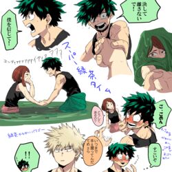  ! !! 3boys bad_id bad_pixiv_id bakugou_katsuki black_shirt blush boku_no_hero_academia brown_eyes brown_hair embarrassed female freckles full-face_blush green_hair green_pants highres holding_hands iida_tenya midoriya_izuku multiple_boys pants pink_pants shirt short_hair slime_(substance) sludge_villain speech_bubble tank_top translation_request uraraka_ochako yagiushi_(sinnpatilove) 