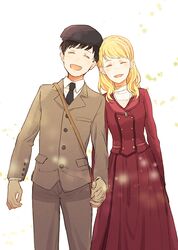  1boy blonde_hair brown_hair closed_eyes commentary_request couple female holding_hands husband_and_wife kameyama_ellie kameyama_masaharu long_hair massan_(tv_series) monokuro_(snog) short_hair smile straight 