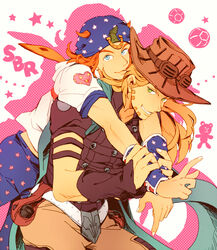  2boys arm_warmers arms_around_neck azkn ball beanie beard belt_buckle blonde_hair blue_eyes brown_hair buckle carrying commentary_request facial_hair feathers goggles green_eyes gyro_zeppeli hat hood hoodie johnny_joestar jojo_no_kimyou_na_bouken long_hair looking_at_another looking_at_viewer multiple_boys piggyback steel_ball_(jojo) steel_ball_run 