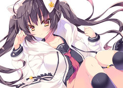  anapom animal_ears black_hair blush brown_eyes cat_ears commentary_request female hair_ornament hairclip kneehighs long_hair original school_uniform smile socks solo twintails 