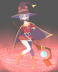  belt blush brown_eyes buckle commentary_request cosplay dress female hat holding ichinose_futaba kono_subarashii_sekai_ni_shukufuku_wo! long_sleeves looking_at_viewer magic_circle megumin megumin_(cosplay) momonga_(sasanishiki18) polearm purple_hair red_dress short_hair single_thighhigh solo sore_ga_seiyuu! staff standing takahashi_rie thighhighs voice_actor_connection wand weapon witch_hat 