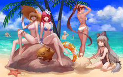  2boys 4girls academic_(dragon_nest) adjusting_hair archer_(dragon_nest) ask_(askzy) ass bad_id bad_pixiv_id barefoot beach bikini black_one-piece_swimsuit blonde_hair blue_bikini bow breasts brown_eyes brown_hair casual_one-piece_swimsuit cleavage cleric_(dragon_nest) cloud crossed_legs dark_skin day dragon_nest flat_chest green_eyes grey_hair hairbow hand_on_headwear hat highres kali_(dragon_nest) long_hair long_legs medium_breasts monster multiple_boys multiple_girls ocean one-piece_swimsuit open_mouth outdoors photoshop_(medium) pink_bikini pink_hair ponytail poochum red_eyes short_hair sideboob silver_hair sitting sky smile snorkel sorceress_(dragon_nest) starfish straw_hat striped_bikini striped_clothes swimsuit tree very_long_hair wariza warrior_(dragon_nest) water white_bikini yellow_eyes 