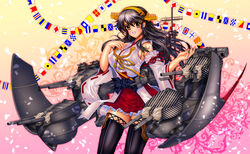  :d black_hair black_thighhighs brown_eyes commentary_request detached_sleeves female flags_of_all_nations hair_ornament hairband hairclip haruna_(kancolle) haruna_kai_ni_(kancolle) john_r kantai_collection long_hair looking_at_viewer machinery nontraditional_miko open_mouth petals photoshop_(medium) pleated_skirt signal_flag skirt smile solo sparkle string_of_flags thighhighs turret z_flag zettai_ryouiki 