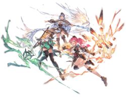  3girls armor blonde_hair blue_eyes blue_hair breasts brown_eyes capelet electricity fingerless_gloves full_body gauntlets gloves granblue_fantasy hat holding holding_sword holding_weapon knee_pads long_hair looking_at_viewer medium_breasts mena_(shingeki_no_bahamut) mina_(shingeki_no_bahamut) minaba_hideo mona_(shingeki_no_bahamut) multiple_girls official_art open_mouth shingeki_no_bahamut shorts shoulder_armor smile staff sword thighhighs transparent_background twintails vambraces weapon 