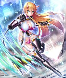  bikini_armor blonde_hair breasts cyborg female female full_body green_eyes horns iris_wizard_14 lilith-soft long_hair monster_girl pointy_ears robotic_arms robotic_legs sano_toshihide shiny taimanin_(series) taimanin_asagi_battle_arena white_skin 