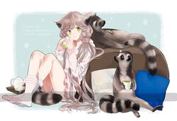  animal_ears bad_id bad_twitter_id brown_hair crossed_legs cup english_text female highres lemur lemur_ears lemur_tail miniskirt mug original pillow pleated_skirt sitting skirt sleeping smile socks tsuuuyu twintails yellow_eyes 