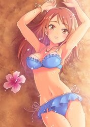  armpits arms_up beach bikini blush breasts brown_eyes brown_hair commentary_request female flower hibiscus hojo_karen idolmaster idolmaster_cinderella_girls long_hair looking_at_viewer lying medium_breasts on_back sand smile solo souen_hiro sparkle swimsuit 