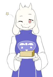  anthro boss_monster_(undertale) bovid breasts caprine clothing cute_fangs dessert dress female food fur happy holding_object horn looking_at_viewer mammal one_eye_closed pastry pie plate red_eyes simple_background smile solo standing star toriel undertale undertale_(series) white_background white_body white_fur wink xan_(pixiv) 