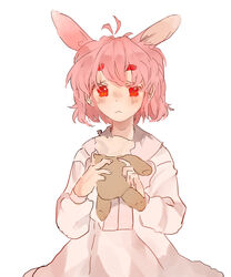  :&lt; animal_ears blush closed_mouth commentary_request dress female highres nose_blush pink_dress pink_hair red_eyes short_hair simple_background solo stuffed_animal stuffed_toy teddy_bear twice12314 white_background 