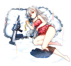  assault_rifle bare_arms bare_shoulders barefoot bed_sheet breasts brown_choker camouflage camouflage_jacket choker cleavage closers clothes_pull collarbone commentary_request female fingernails frilled_pillow frills full_body grey_hair groin gun hair_between_eyes half_updo highres holding holding_ribbon jacket legs lingerie long_hair looking_at_viewer lying negligee on_back on_bed pillow poseich red_eyes ribbon rifle skirt skirt_around_one_leg skirt_pull small_breasts solo tina_(closers) underwear unworn_jacket weapon yellow_ribbon 