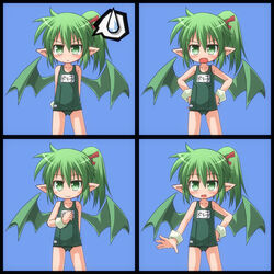  arms_behind_back ass_visible_through_thighs blue_background blush commentary_request cowboy_shot expressions female flat_chest frown green_eyes green_hair hand_on_own_hip hands_on_own_hips kso looking_at_viewer md5_mismatch multiple_views navel oerba_yun_fang one-piece_swimsuit open_mouth photoshop_(medium) pointy_ears school_swimsuit short_hair side_ponytail simple_background smile spoken_sweatdrop sweatdrop swimsuit v-shaped_eyebrows viprpg wings 